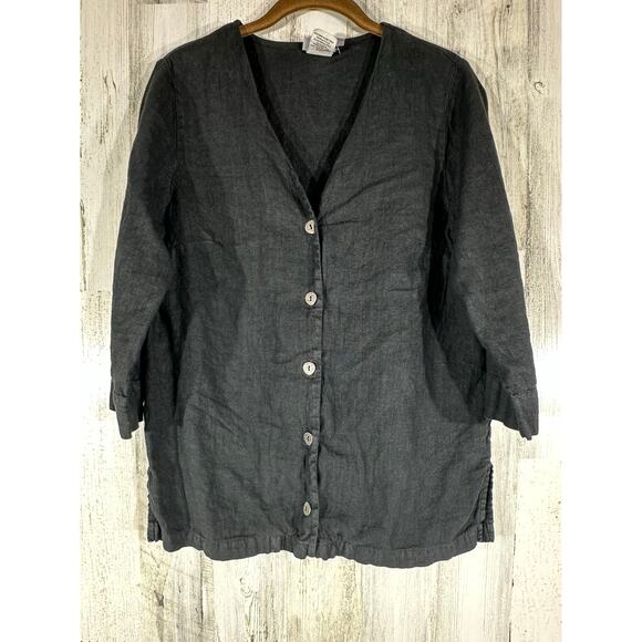 Hot Cotton Button Up Top Size Small Black 100% Linen 3/4 Sleeve V Neck - Picture 1 of 9